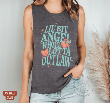 Lil Bit Angel Whole Lotta Outlaw Muscle Tank - Wallen Concert Tank Top - Sunlit Funlit | Graphic Tees for Country Concert Addicts